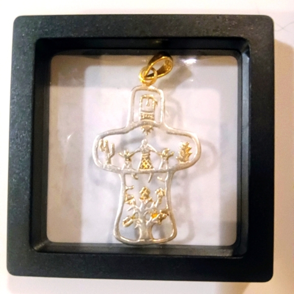 Handmade Jewelry - Vintage Sterling Silver Tree Of Life Cross Pendant Silver & YGP Lg 2.25" 4gm